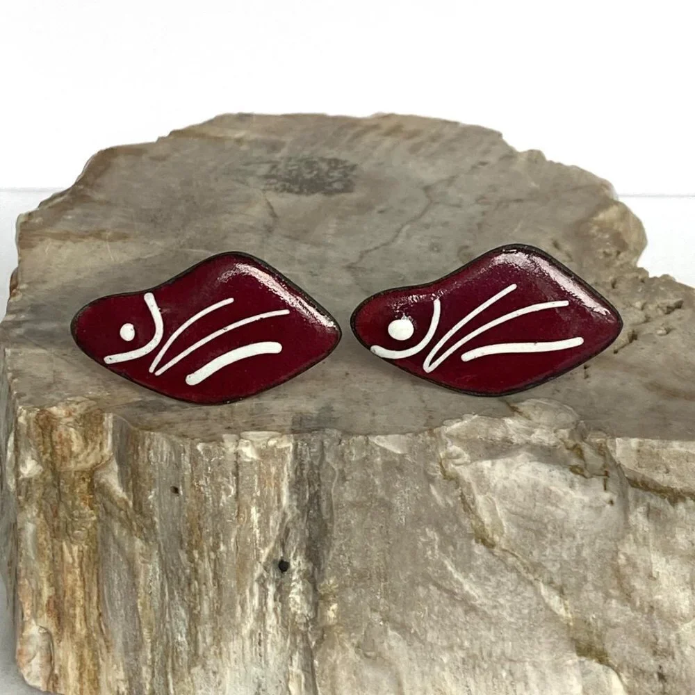 Vintage Modernist Copper Red White Enamel Fish Cuff Links READ DESCRIPTION